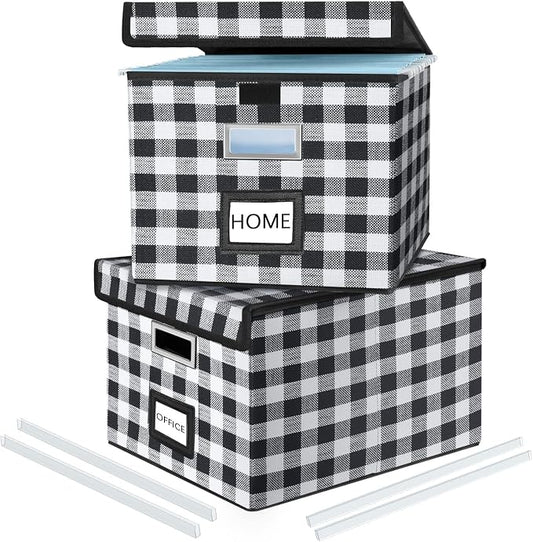 Decorative Collapsible File Storage Organizer Boxes with Lids, Hanging Filing & Storage Boxes for Office/Decor/Home, Filing System for File and Folders Storag - (Black & White Lattice)