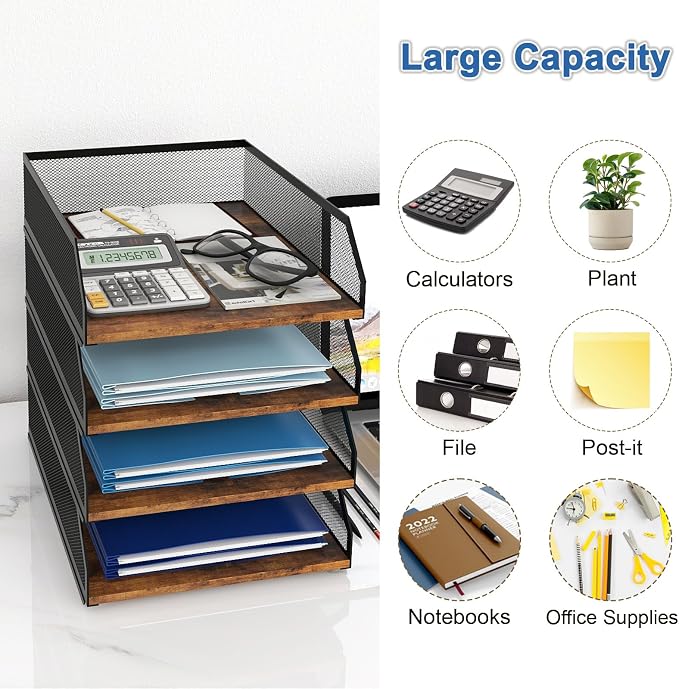 Natwind 4-Tier Stackable Metal Mesh Paper Organizer with Sliding Tray,Retro | Wooden Desk Organizer, Letter Tray For Desktop,File Holder For Home Office School Classroom Organization