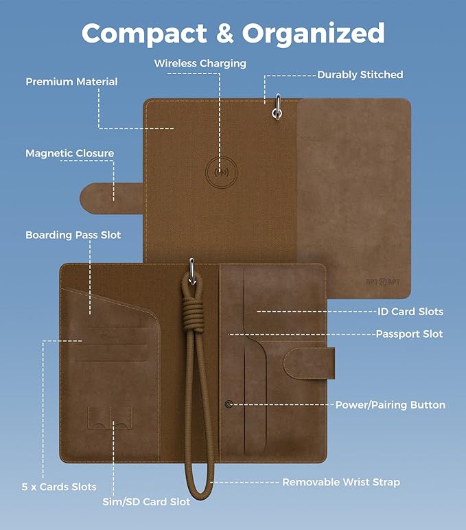 Smart Passport Holder Works with Apple Find My, Leather Travel Wallet with Wrist Strap & 2 SIM Card Slots, RFID Blocking Organizer for Passport/Cards/Tickets, Wireless Charging, Brown