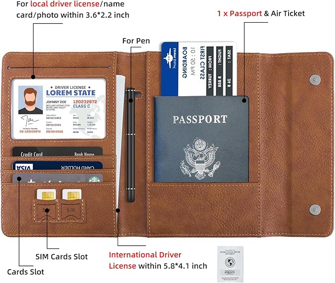 WALNEW RFID Passport Holder Travel Organizer, Fits International Driving Permit (IDP), PU Leather Document Holder for One Passport, Stylish Travel Accessory, Brown