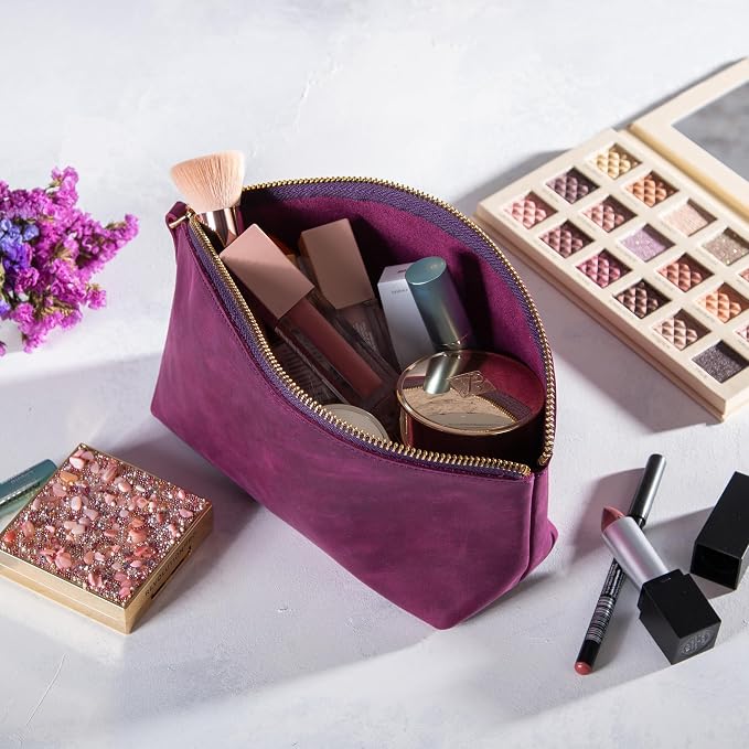 Blade Premium Personalized Genuine Leather Cosmetic Makeup Bag - Wedding Gift for Bridesmaid, Travel Organizer Clutch for Women with Zipper Pouch for Toiletry Essentials (Purple)