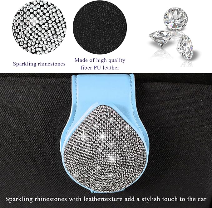KVAEY Bling Sunglass Holder for Car Visor, Magnetic Leather Visor Clip Glasses Holder with Sparkling Rhinestones, Crystal Visor Ticket Card Clip for Women Girls, Car Accessories (Blue & White)