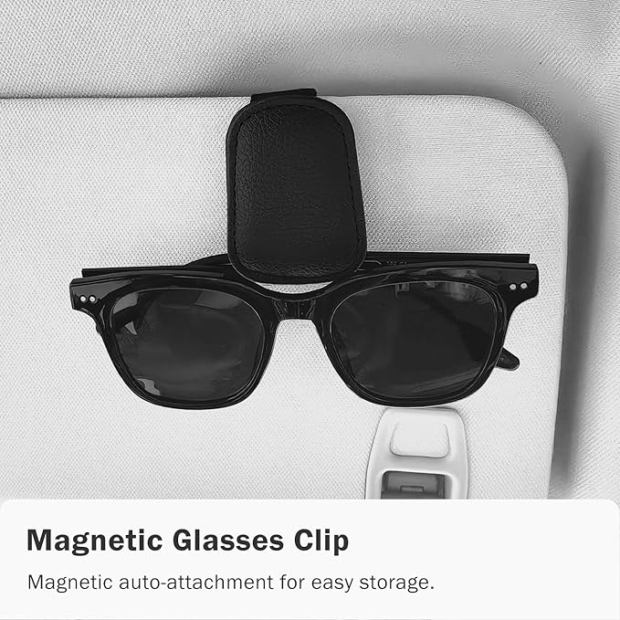 Sunglass Holder for Car Visor, Magnetic Leather Sunglasses Holder and Ticket Card Clip for Car