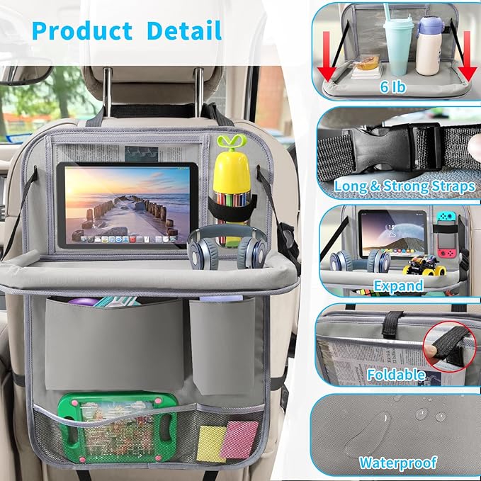 Car Backseat Organizer with Tablet Holder, 6 Storage Pockets Foldable Table Food Tray Seat Back Protectors Kick Mats Travel Accessories, 2 Pack Grey
