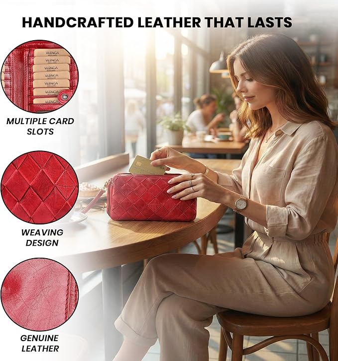 Genuine Leather Wallets for Women, Small Wallet for Ladies Zipper Coin Purse Credit Card Holder with Strap (VL-167-RED)