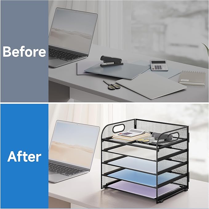Paper Organizer Letter Tray with Handle Mesh 5 Trays Desk File Organizer Paper Sorter Desk Organizer for Office, Home or School-Black 2 Pack