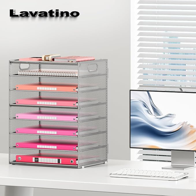 Lavatino 2 Pack 8-Tier Office Desk File Organizer, Letter Tray Paper Organizer with Handle, Including 5 Adjustable Slide Trays for Organizing Desk Workspace Accessories and Supplies (Silver Mesh)