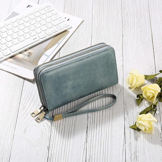 GAEKEAO Wallet for Women Clutch RFID Blocking Wristlet Leather Purse Large Capacity Credit Card Holder with Grip Hand Strap