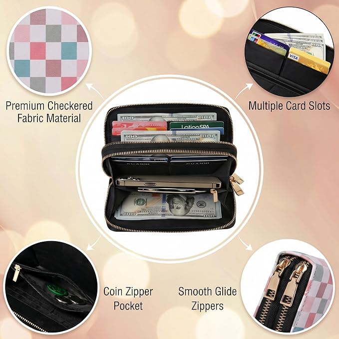 Colorful Plaid Long Wallet for Women, Dual Zipper Large Capacity PU Leather Card Holder with 12 Card Slots, Checkered Zip Around Clutch Purse for Daily Work Travel Use