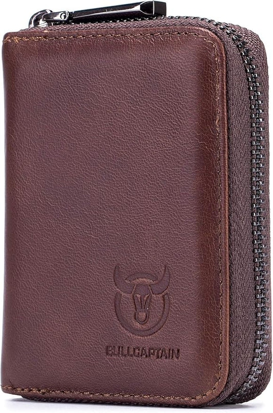 BULLCAPTAIN Genuine Leather Men Wallet Card Holder Cards Zipper Credit Card Pack Case Purse (Brown)