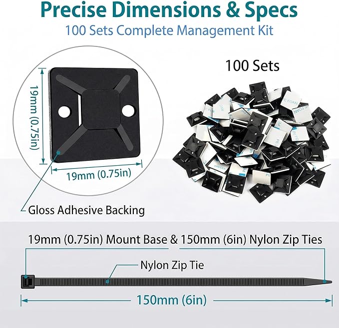 Zip Tie Mounts - SeuYeugX 100PCS Cable Self Adhesive Mounts Set for Wire Management with Stick Pads Anchors Clips Squares Holders (Black)