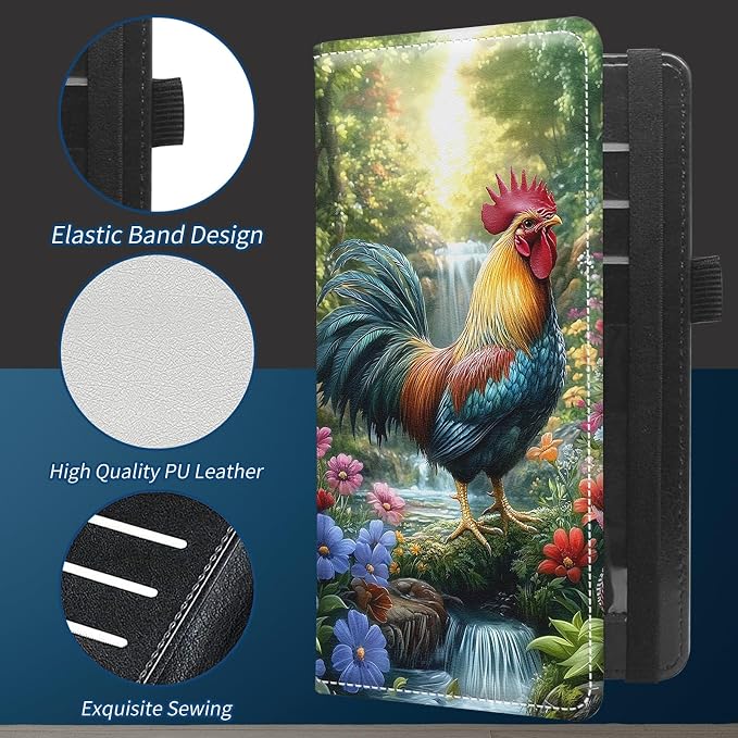 Check Book Cover for Personal Checkbook with Duplicate Checks for Women's & Men PU Leather Wallets Check Book Holder with Pen Card Slots Elastic Strap, Rooster In The Flowers