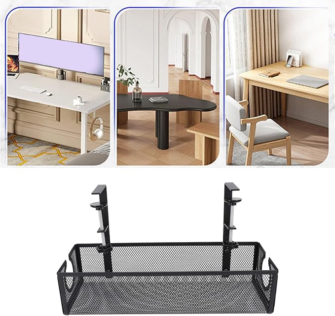 Under Desk Cable Management Tray, Carbon Steel Cord Organizer with Side Round Hole and Trapezoidal Design, Metal Desk Cable Management System for Office Study Workstation (Black)