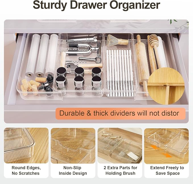 Expandable Drawer Organizer, Adjustable Shallow Tray, 11" to 19" Width | 1.97" Height, Clear Plastic Storage, For Bedroom/Living Room/Kitchen/Bathroom/Office, Cosmetic/Tools/Cutlery/Stationery