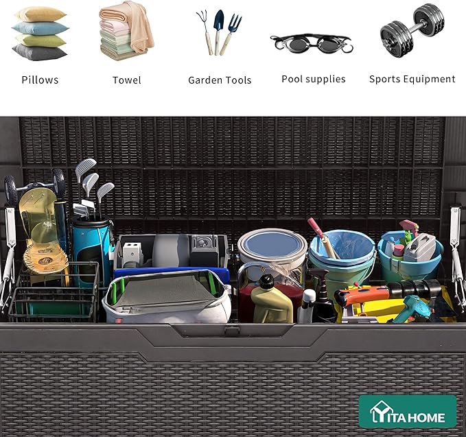 YITAHOME 100 Gallon Outdoor Storage Box, Large Water Resistant Resin Deck Box, Indoor Outdoor Lockable Storage Container for Patio, Garden, Cushions, Tools, Equipment (Dark Brown)