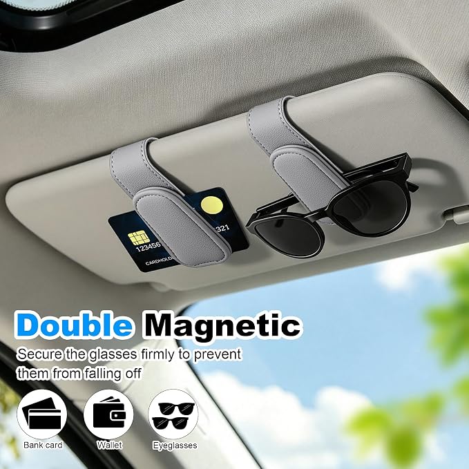 Sunglass Holder for Car Visor Magnetic Leather Visor Sunglasses Clip Eyeglass Hanger Clip for Car Sun Visor Grey 1 Pack
