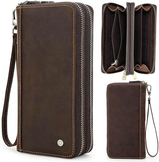 Top Grain Genuine Leather Clutch Bag Wallet with Wristlet for Man & Woman, Handmade Retro Design, 2 Zipper Pockets & Multiple Slots, RFID Large Capacity for Cards/Phone/Check/Money/Coin, Coffee