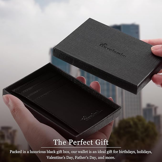 Travelambo 100% Genuine Leather Wallet for Men and Women, Slim Minimalist RFID Blocking Front Pocket Credit Card Holder with Gift Box