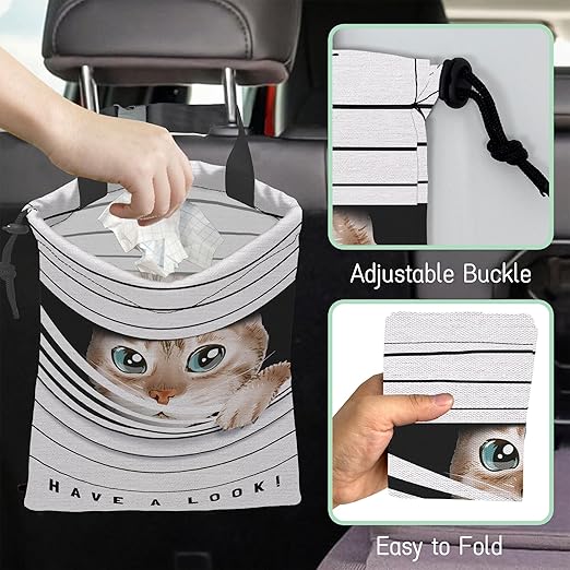 Cute Cat Car Garbage Bag,Waterproof Small Car Trash Bag Hanging Back of Seat,Drawstring Hanging Car Trash Bag with Adjustable Buckle for Car Accessories