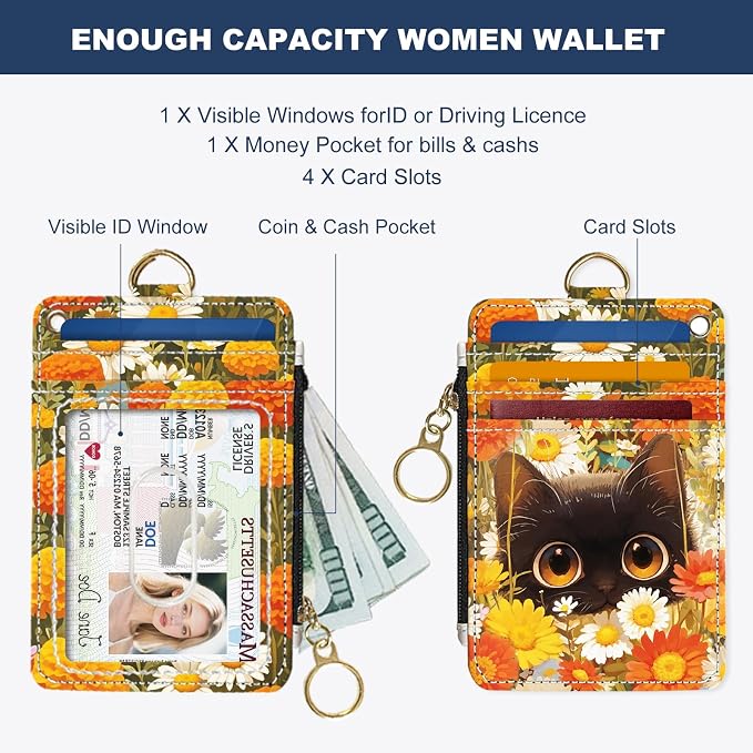 Slim Wallet Credit Card Holder, Cat and Yellow Flower, RFID Wallet Women Cute Small Front Pocket Wallet With Zipper, PU Leather Thin travel RFID Blocking Card Case ID Window,Ladies Gifts
