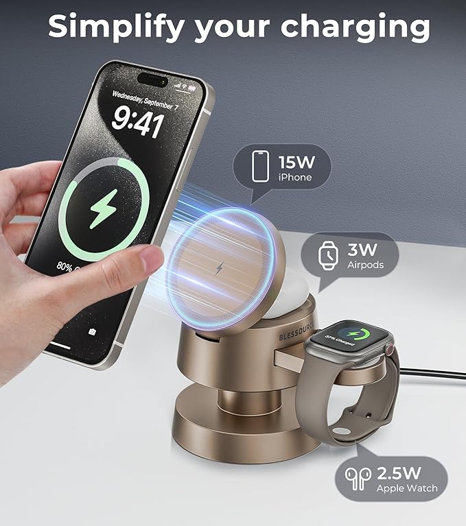 4-in-1 Magnetic Wireless Charging Station for iPhone 17/16/15/14 Pro Max, with Night Lamp and 20W Adapter Wireless Charging Station Fast Charging for Apple Watch, Earphones & Multiple Devices