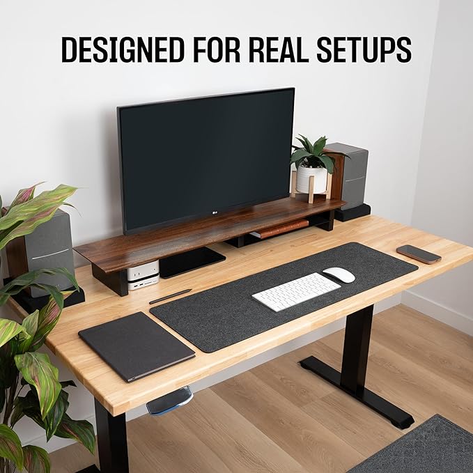 COREMINDED Solid Wood Dual Monitor Stand Riser ??43" Walnut Desk Shelf for 2 Monitors with Tray & Wool Felt, Organizer for Desktop, Laptop and Office (Walnut)