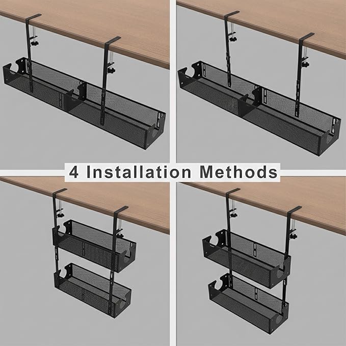 Under Desk Cable Management Tray - Fits up to 1.77" Thick Desks, No-Drill Clamp-on Wire Organizer, Reversible Inward/Outward Install, Heavy Duty Metal Power Strip Holder for Home Office & Gaming Desk