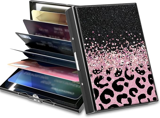 Slim Credit Card Holder, Pink Glitter Leopard RFID Blocking Metal Wallet for Men & Women, Aluminum Minimalist Hard Case Pocket-Sized Business Cards Organizer (Fits Up to 10 Cards)