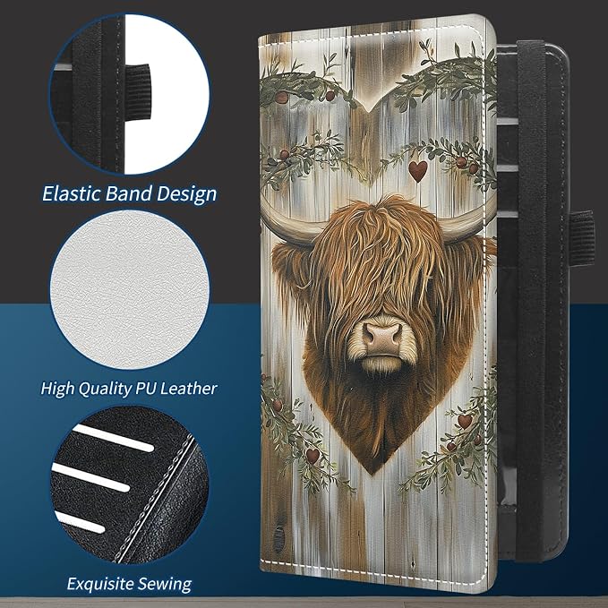 Check Book Cover for Personal Checkbook with Duplicate Checks for Women's & Men PU Leather Wallets Check Book Holder with Pen Card Slots Elastic Strap,Love Cow