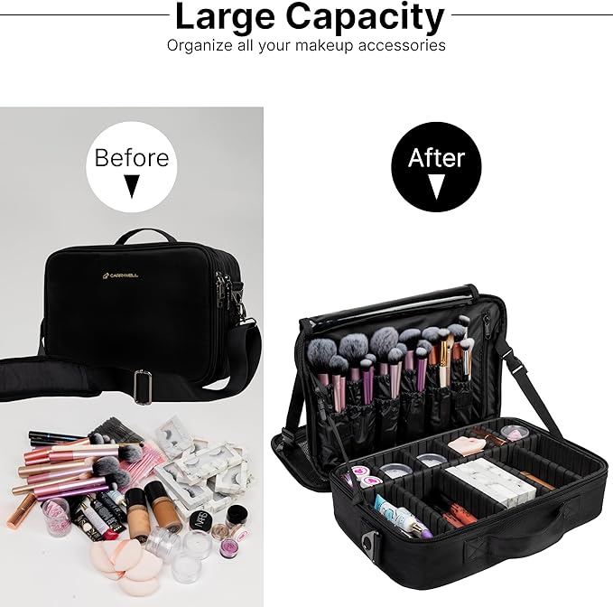 Carrywell Makeup Bag Travel Case, Not-Made In China, Hard Train Case for Cosmetics, Portable Beauty Artists Organizer, Storage Box With Adjustable Dividers For Make Up and Brushes, Medium Black