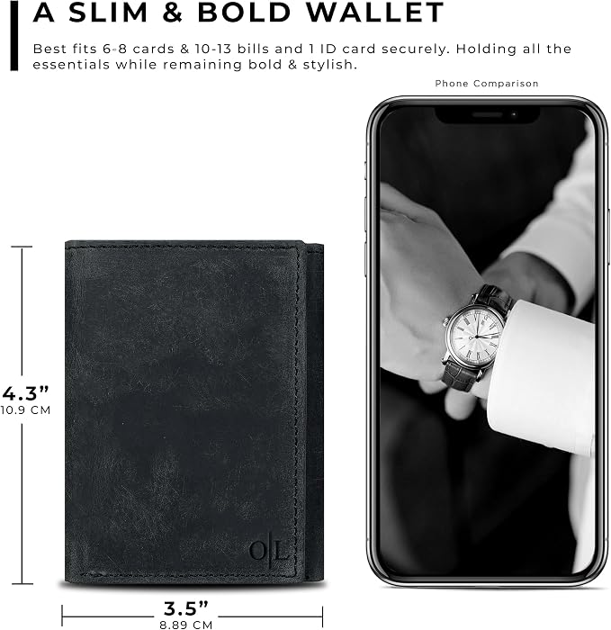 Tri fold Leather Wallet for Men with RFID | Slim Wallets for Men with 1 ID and 6 Credit card slots | Front Pocket Minimalist