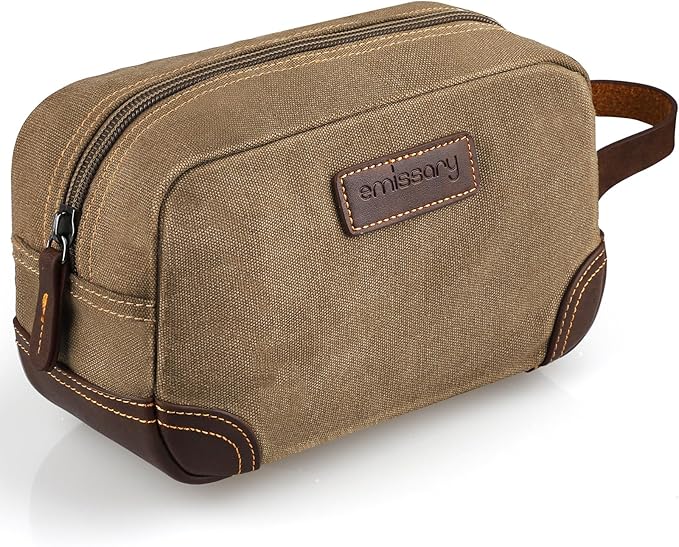 emissary Men's Canvas Travel Toiletry Bag, Leather Dopp Kit - Brown | Durable canvas & PU leather, water-resistant lining, side handle; roomy men's Dopp kit for travel & gym