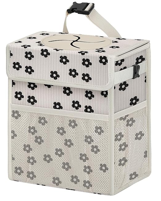 Corduroy Car Trash Can with Lid and Mesh Pockets - Leakproof Organizer,Multipurpose Waterproof Garbage Can/Trash Bin for Car(Off-White Base with Black Floral Print-2 Gallons)