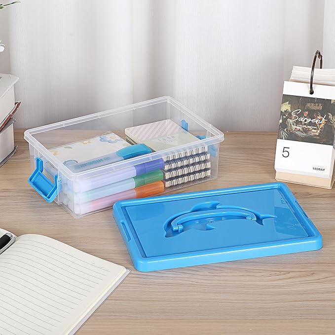 BTSKY 1-Pack Clear Plastic Storage Box with Lid, Stackable Organizer Featuring Easy-Lift Dolphin Design, Multi-Use Portable Container for Home, Craft, Office, Space-Saving with Secure-Clasp, Blue