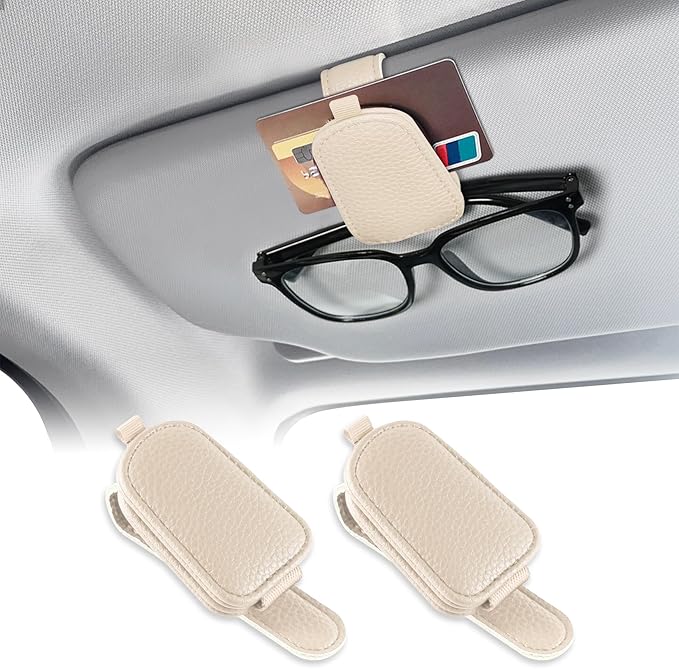 Sunglasses Holders for Car Visor, Sunglass Car Organizer, Leather Magnetic Buckle Sun Visor Sunglass Clip, Car Accessories Ticket Card Clip Sunglasses Mount Fit Truck (Beige, 2PCS)