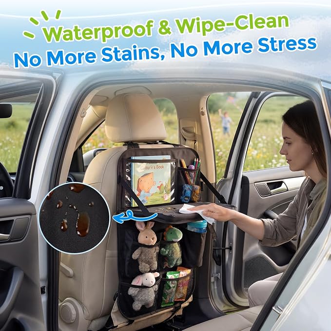 Tsumbay Backseat Car Organizer with Foldable Tray, 9 Pockets, Kick Mat Seat Protector, 18KG Capacity, Waterproof Oxford Fabric for Kids, Family Travel - for Car, SUV, Van (Oxford-2Pck)