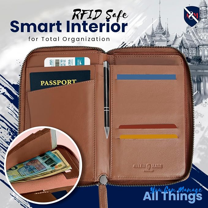 ALLEN & MATE 100% Leather Passport Holder for Travel RFID Blocking Passport Wallet for Men & Women - Zippered Compact Travel Document Organizer Fits Passport, Cash, Cards, SIM, ID and Tickets