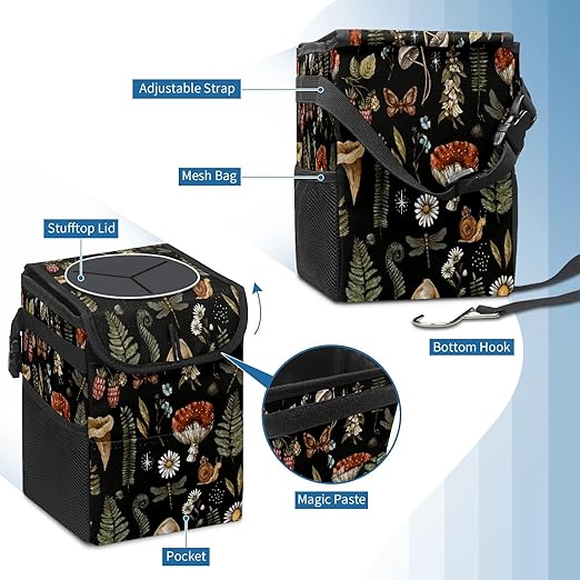 Car Trash Can with Lid Vintage Botanical Mushrooms Collapsible Reusable Leak-Proof Auto Garage Bag,Hanging Vehicle Car Accessories Interior Car Organizer