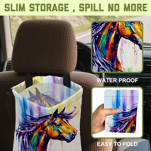 Car Garbage Bag Abstract Watercolor Horse Hanging Drawstring Car Organizer and Storage Bag with Adjustable Buckle Canvas Garbage Bin for Back Seat or Hanging Headrest Car Decor Road Trip Essentials