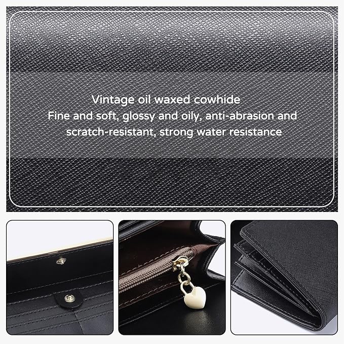 PORRASSO Wallet Women's Leather Purse Card Holder Organizer RFID Blocking Ladies Long Wallet Coin Purse Black