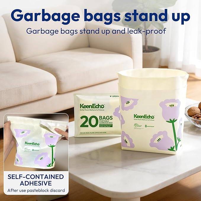 Disposable Car Garbage Bin Bags, Vomit Trash Bags made with Recycled HDPE for Boat, Plane, Travel, Camping, Bedroom, Study Room, Office and Car, 20 pcs,Purple