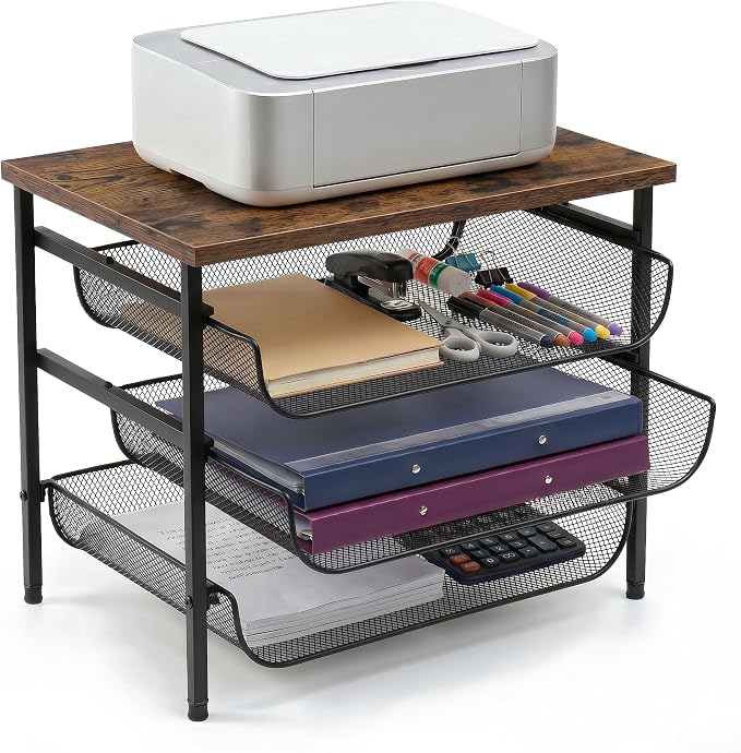4-Tier Mesh Desk Organizer with Drawer Wooden Top Desktop Organizers File Holder Letter Tray Supplies Paper Organizer Home Office Accessories Black