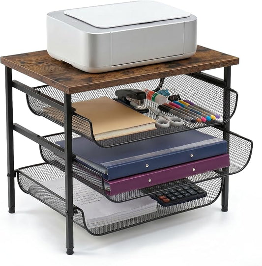 4-Tier Mesh Desk Organizer with Drawer Wooden Top Desktop Organizers File Holder Letter Tray Supplies Paper Organizer Home Office Accessories Black