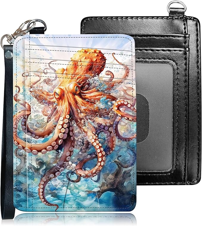 Slim RFID Blocking Card Holder Wallet with Wrist Strap - Minimalist Front Pocket Wallet, Octopus 02 Design, PU Leathe, for Men & Women, Ideal for Travel & Gifts