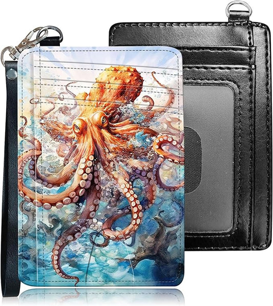 Slim RFID Blocking Card Holder Wallet with Wrist Strap - Minimalist Front Pocket Wallet, Octopus 02 Design, PU Leathe, for Men & Women, Ideal for Travel & Gifts