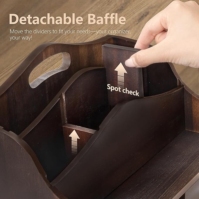 Rebee Vision Acacia Wood Mail Organizer for Desk – Farmhouse Countertop Mail Holder with Dividers – 4-Slot Letter Sorter for Key & Jewelry– Desktop Organizer for Home Decor (Dark Acacia)
