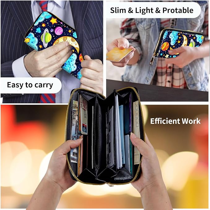 Wallet,Leather Long Wallet Suitable For Ladies And Teenagers - Detachable Wristband + RFID Travel Wallet With Card Slot - Colored Universe