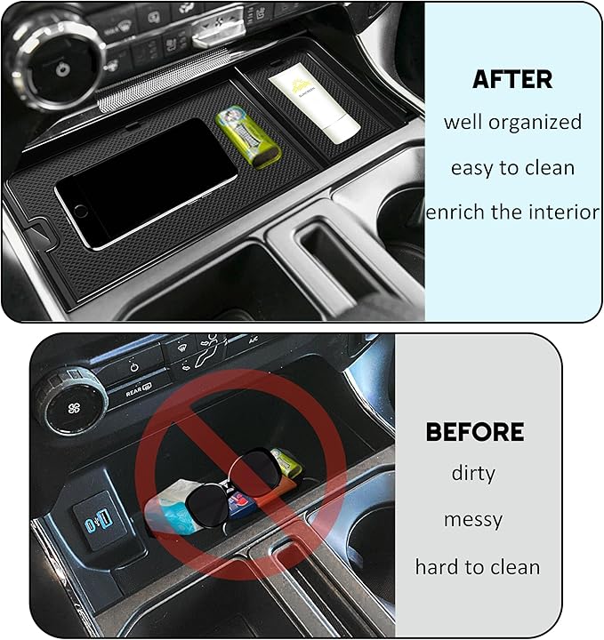 SENSHINE Center Console Organizer Tray for Ford F150 2021-2024/Lightning XLT 2022-2024 Interior Accessories Hidden Insert Storage Box with USB Hole Fit Front Shifter Open Pocket (Black)