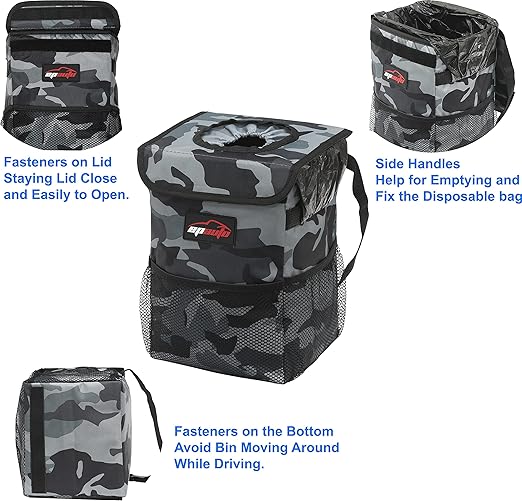 EPAuto Waterproof Car Trash Can with Lid and Storage Pockets, Camouflage Grey
