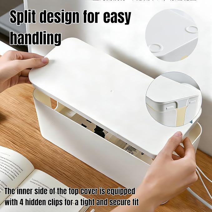 1 Large + 1 Small Cable Management Box Set – 2-Piece Cord Organizer Box, Home Office Desk Wire Storage & Cable Management Solution (Acryliclid lid/White)